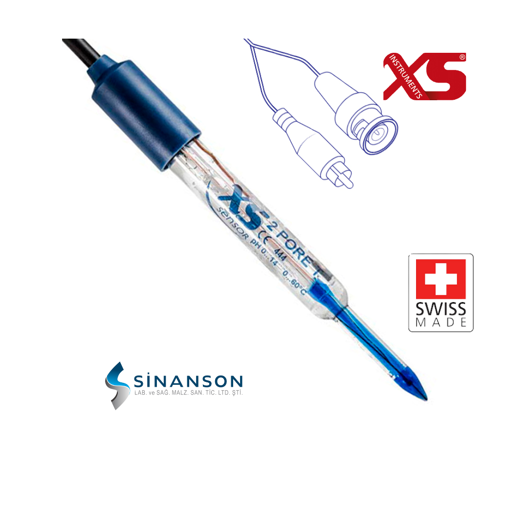XS Instruments Cam gövdeli Ucu Sivri Ph elektrodu 2-pore T NTC kablolu BNC soketli